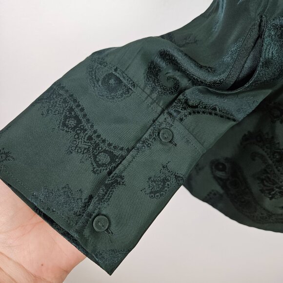 COS Jacquard Bow Back Silky‎ Blouse Sz 4 Dark Green Shirt Relaxed Long Sleeve - Picture 6 of 13